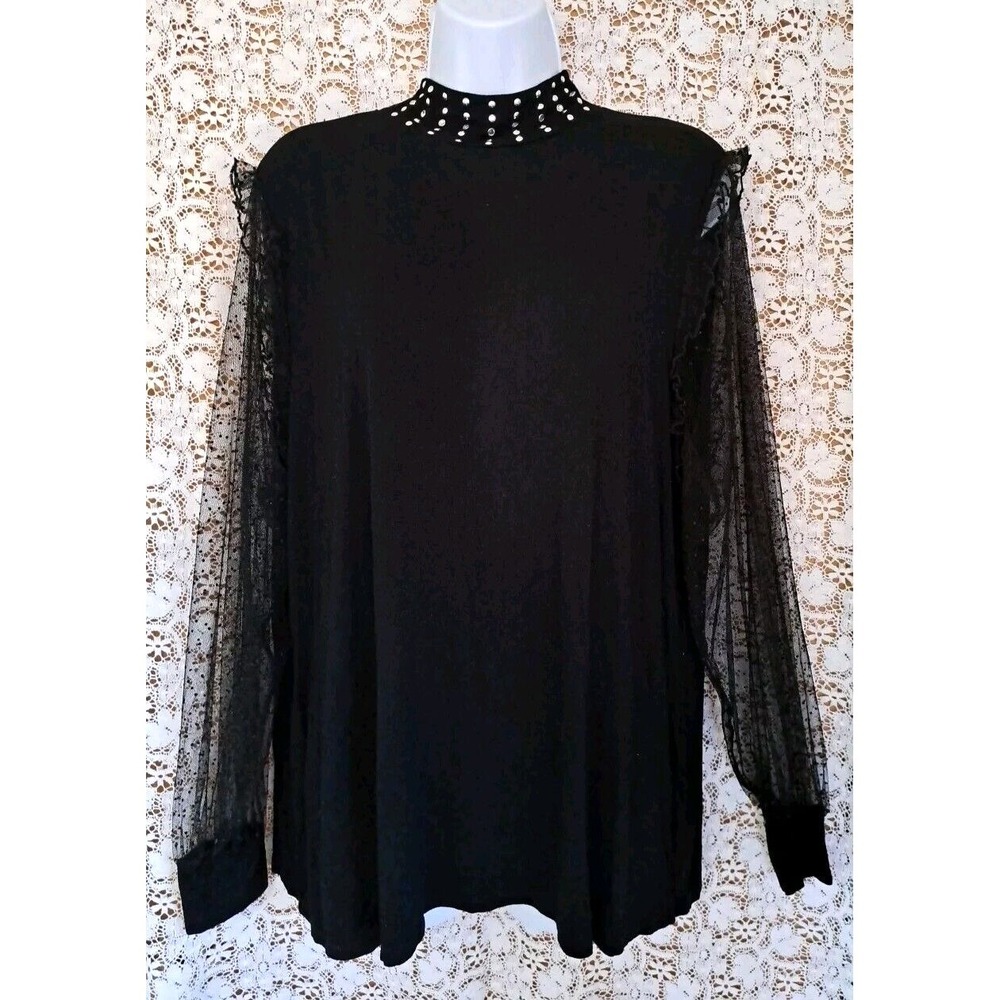 Belldini Top Size 2X Black Beaded Mock Neck Lace Long Sleeves Fairy Whimsigoth